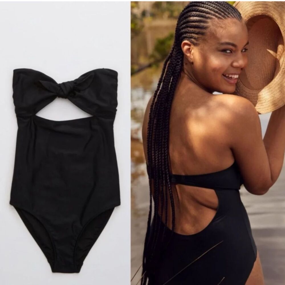 Aerie Black Bandeau One Piece Swimsuit Tie Front Full Coverage Size M